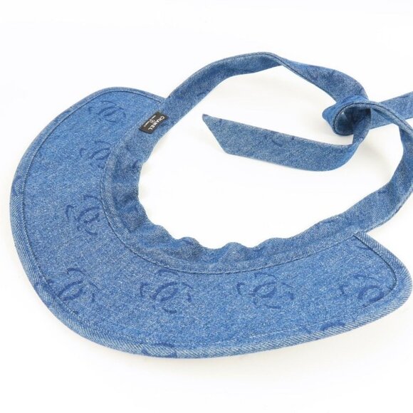 Authentic CHANEL CC Denim Hat Sun Visor Ribbon Tie Wide Brim Bucket Cap Blue main image 5